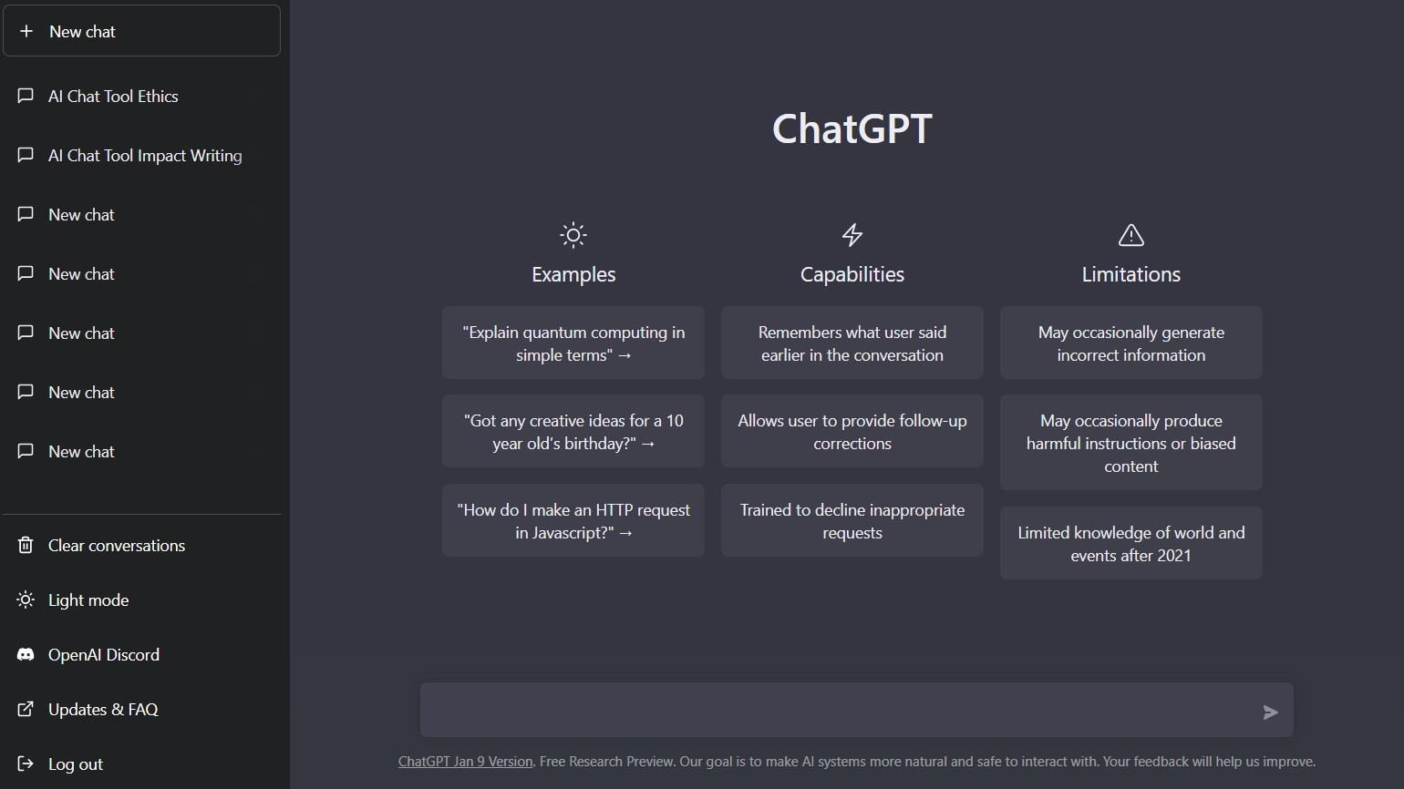 Homepage of ChatGPT showing a list of examples, capabilities, and limitations. 
