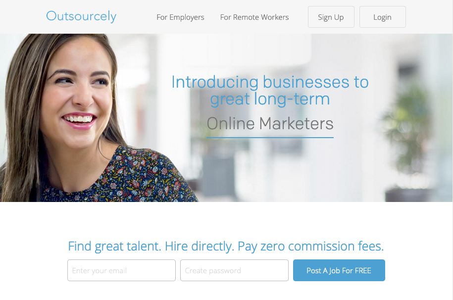 Captura de pantalla del sitio web de trabajo independiente: Outsourcely