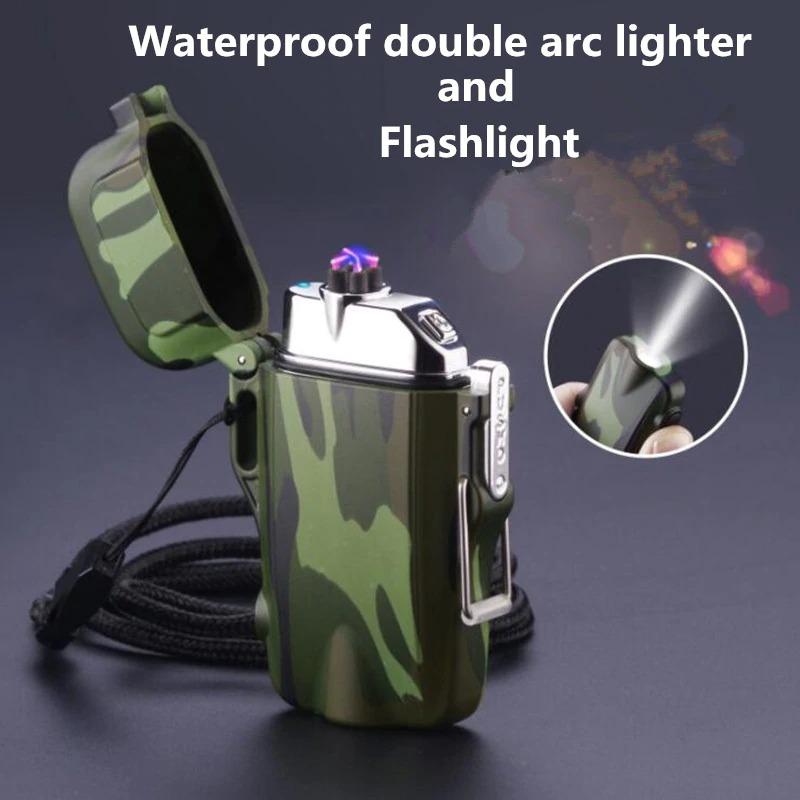 Survival Camouflage Lighter Flashlight USB Rechargeable Double Plasma Windproof