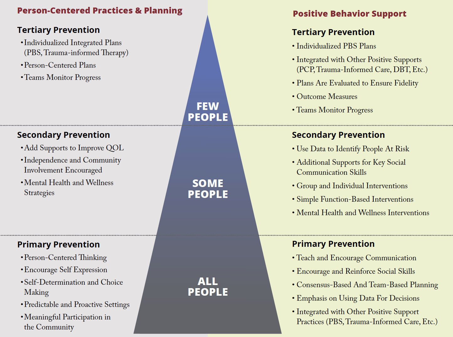 Three tiered pyramid of person centered planning and positive behavior support. At the base is all people, in the center is some people, and at the top is few people. 