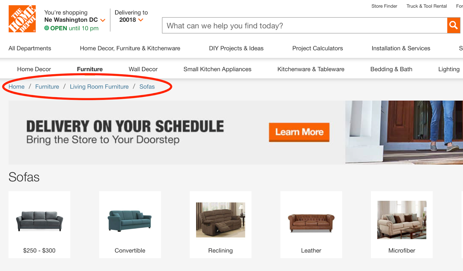 The Home Depot web page uses the "breadcrumb trail" to show website architecture.