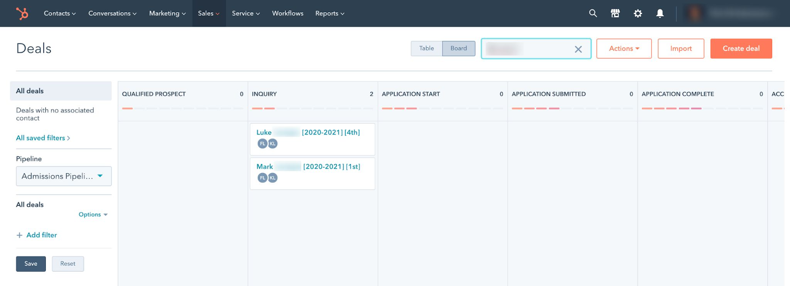 the deals page on HubSpot, showing two deals in the inquiry column