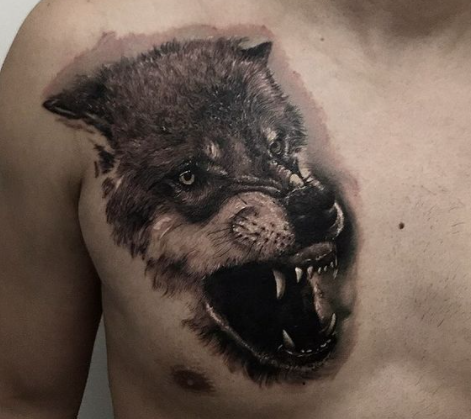 Angry Alpha Wolf Head Tattoo On Chest