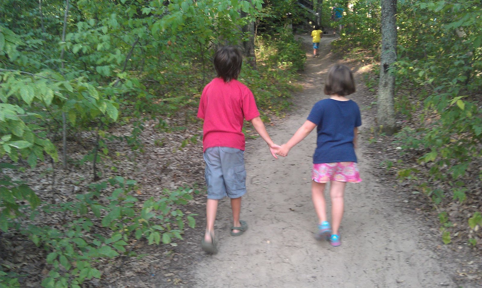 boy and girl children hiking in the woods while holding hands