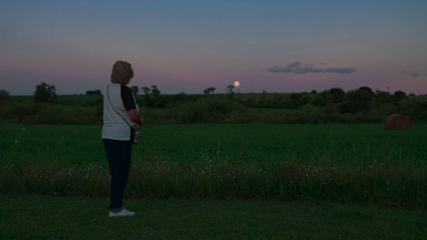 One of the friends stands alone at dusk, looking out over a field with the moon coming up in the distance.