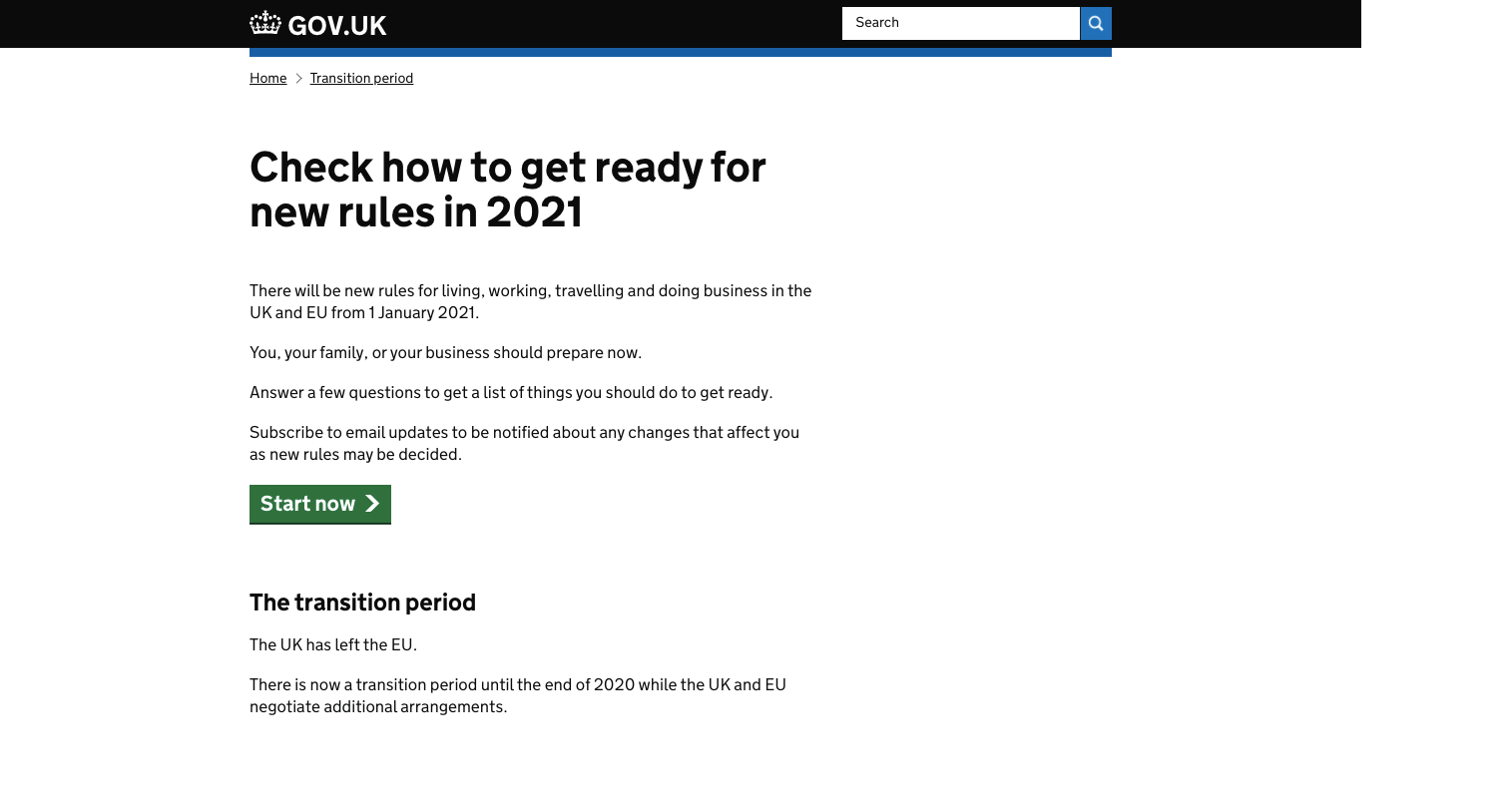 Screenshot of the start page on GOV.UK for the Brexit checker. It reads "Check how to get ready for new rules in 2021. 