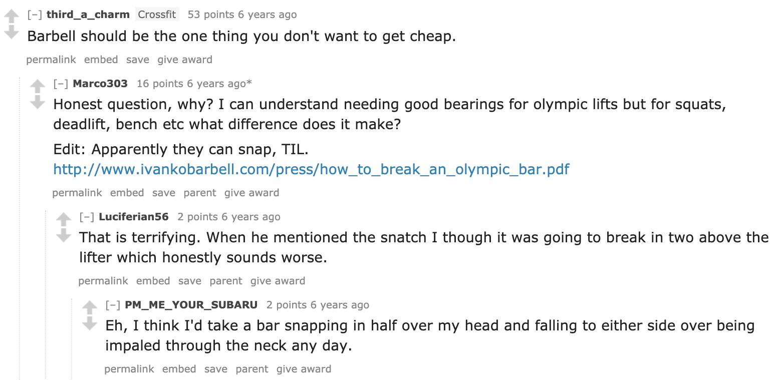 Reddit thread starts with third_a_charm discussing dangers of getting cheap barbells