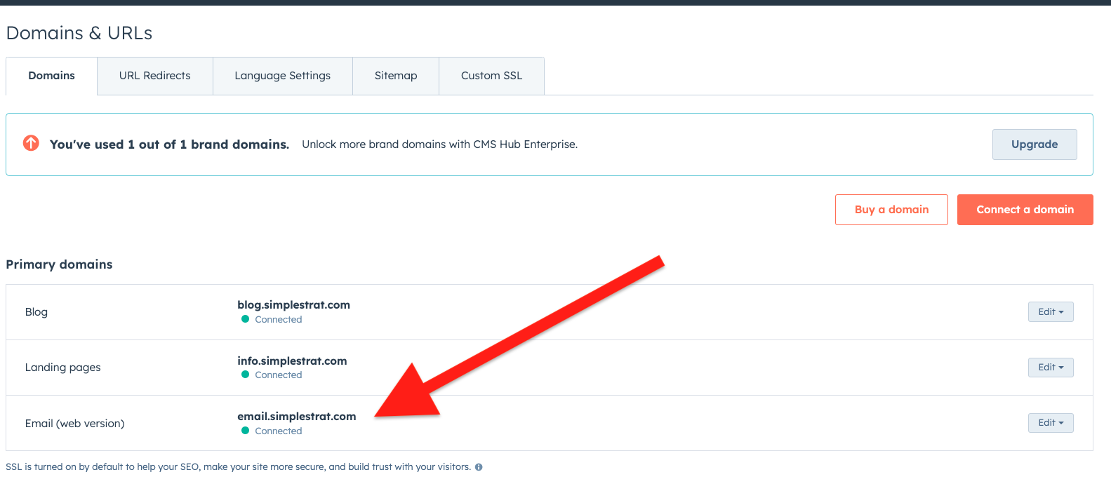 Image of the Domains & URLs page in HubSpot. Arrow pointing to email domain.