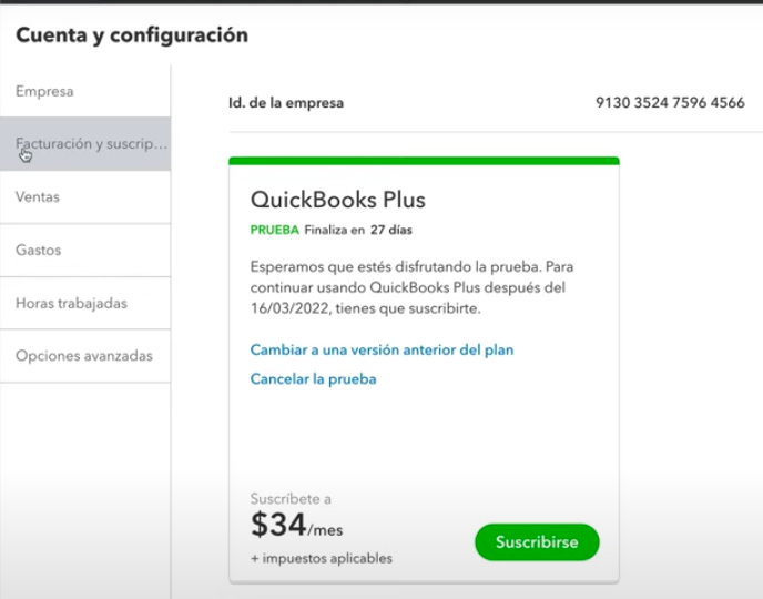 Facturación y suscripción Quickbooks 