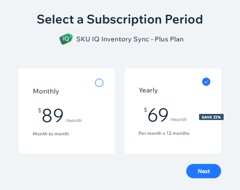 select a subscription period shows monthly and yearly plans for plus plan $89 and $69 respectively