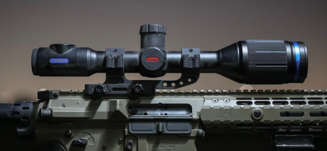 Pulsar thermal scope seen from the side mounted on a AR rifle 