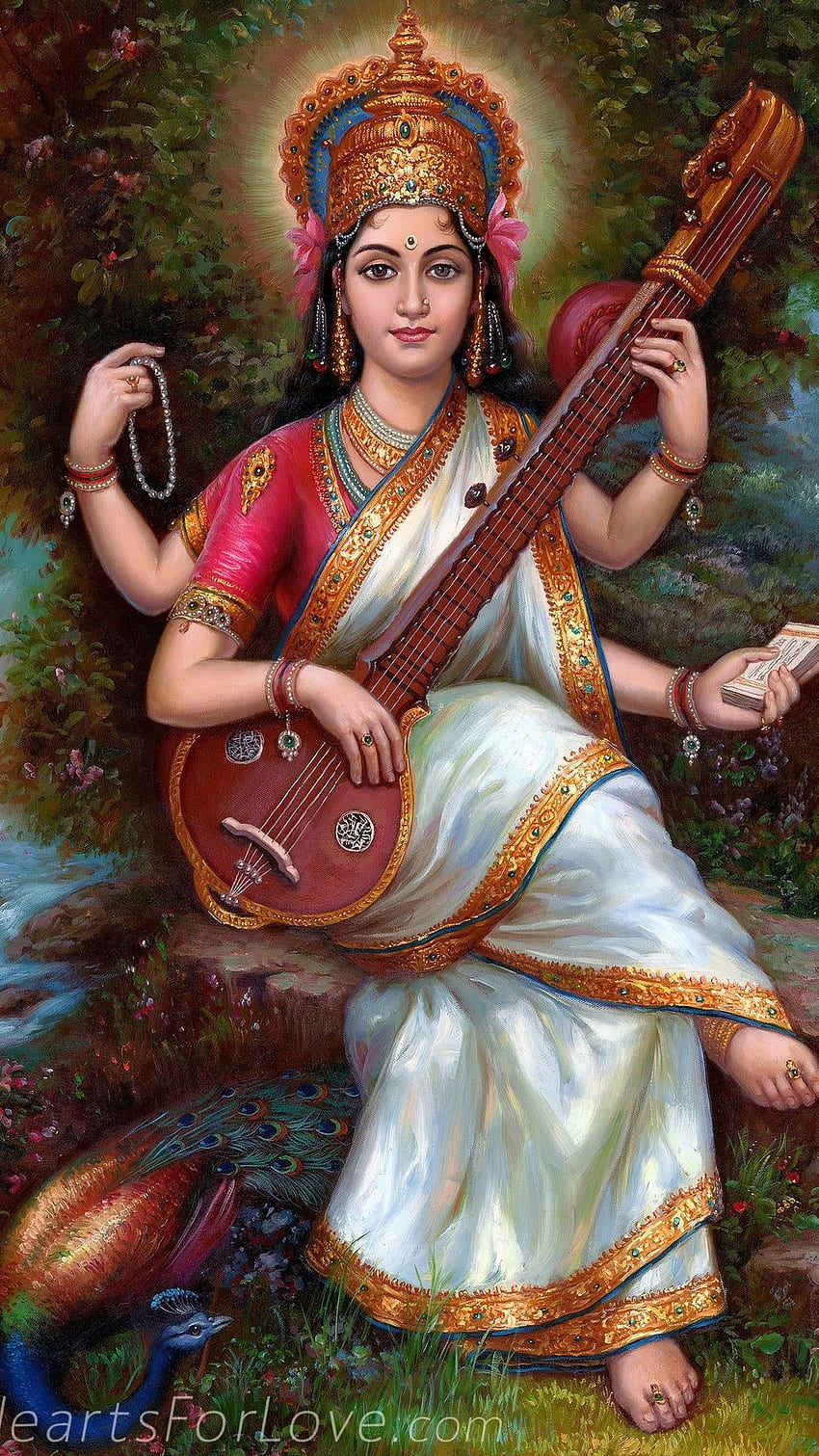 n this illustration, Saraswati is wearing a red and ivory sari while playing a veena. The goddess has four arms in this depiction and wears a golden headpiece. 
