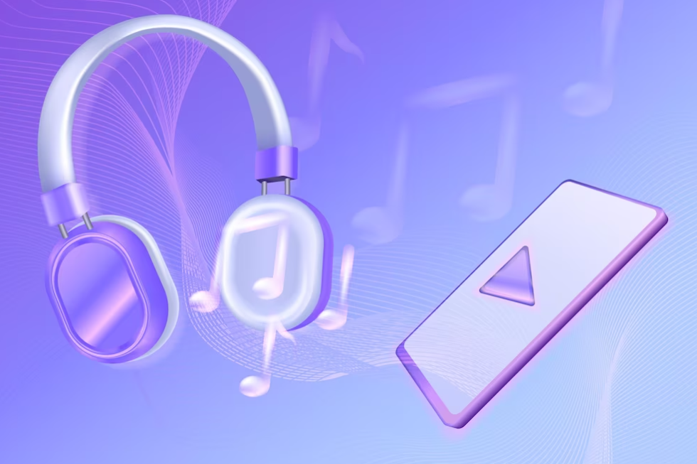 phone and headphones on purple background