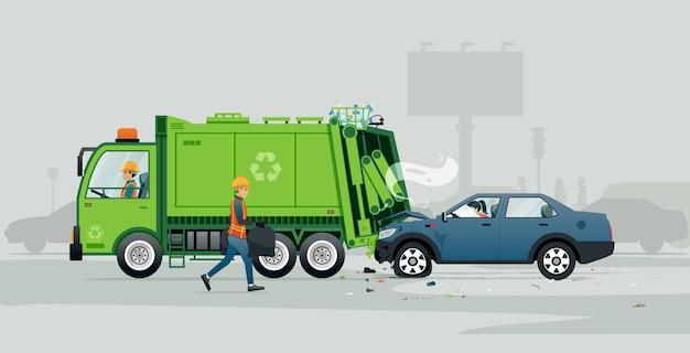 A woman drives into the back of a parked garbage truck Premium Vector