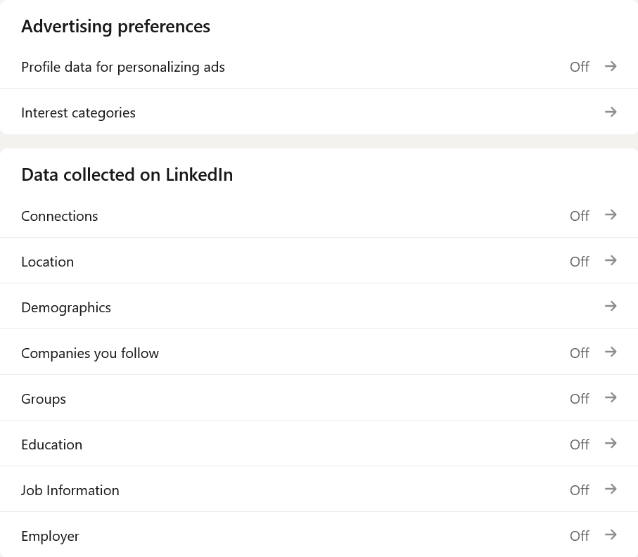 "Advertising preferences" section on LinkedIn