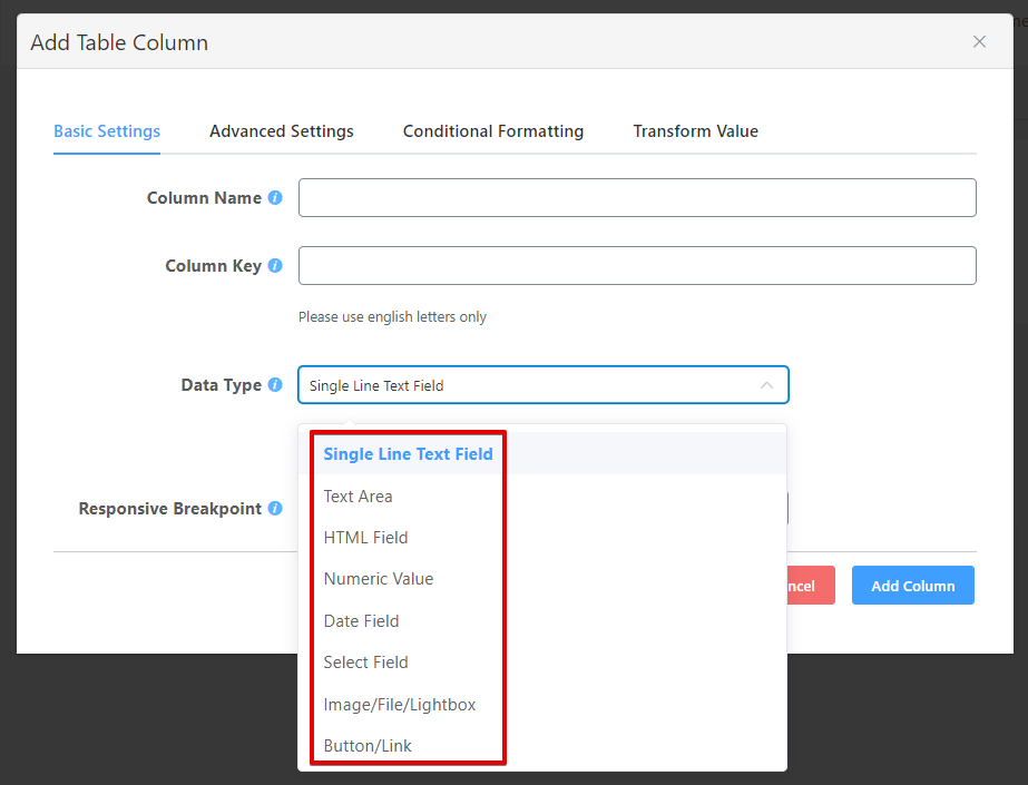 dynamic data type in WordPress tables