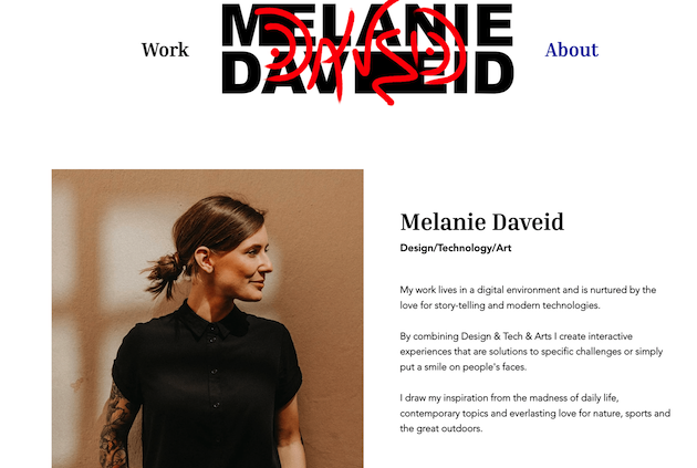 Screenshot of Melanie Davied portfolio website with image of woman and text of her bio