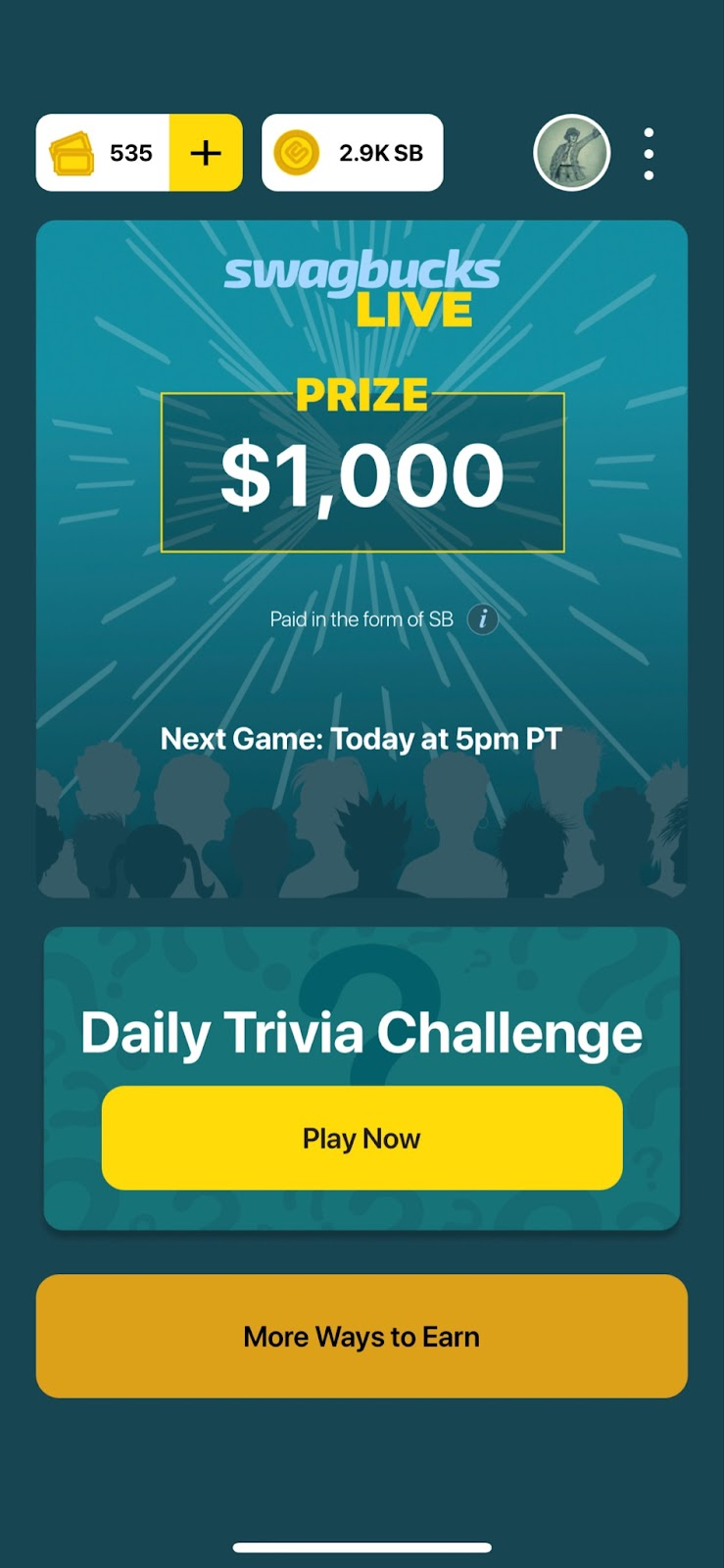 a screenshot of the Swagbucks Live app - daily trivia challenge