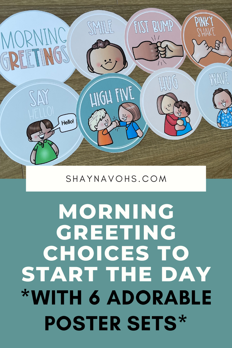 This image shows a collection of circular posters with different morning greeting choices displayed. You can see posters reading "Smile", "Fist Bump", "Hug", and "Say Hello" for example. Each poster has a word & image showing the action. Below the poster pictures the image reads "Morning Greeting Choices to Start the Day with 6 adorable poster sets." 