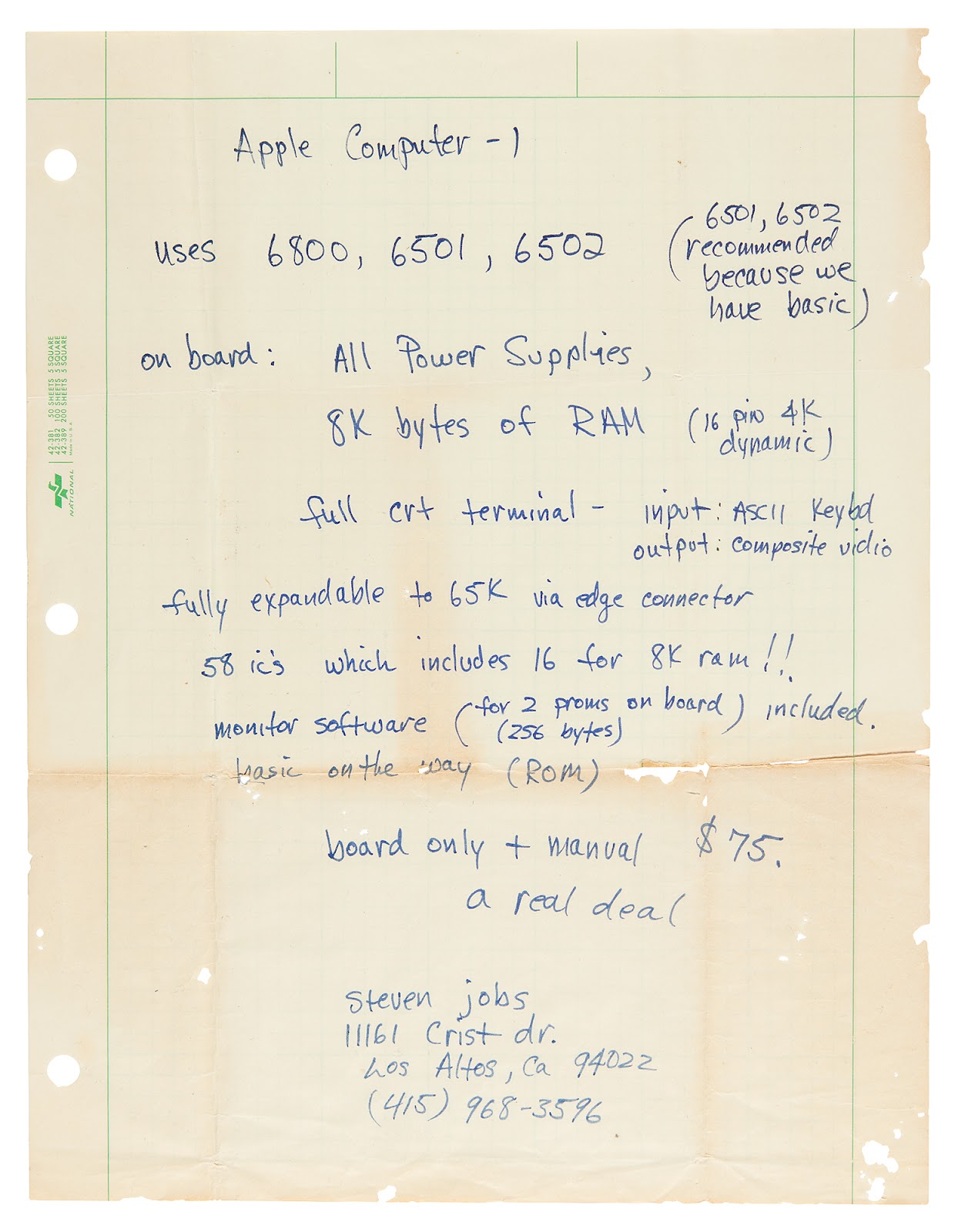 An early draft ad for the Apple-1 handwritten by Apple founder Steve Jobs put up for sale in RR Auction’s August Apple, Jobs, and Computer Hardware auction.