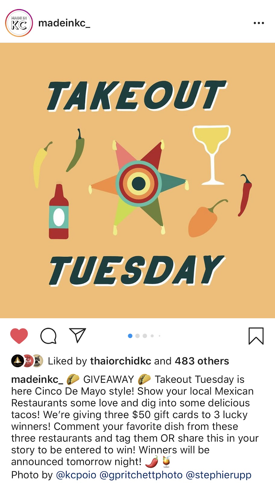Instagram screenshot from a madeinkc_ post with a graphic that says 'Takeout Tuesday'