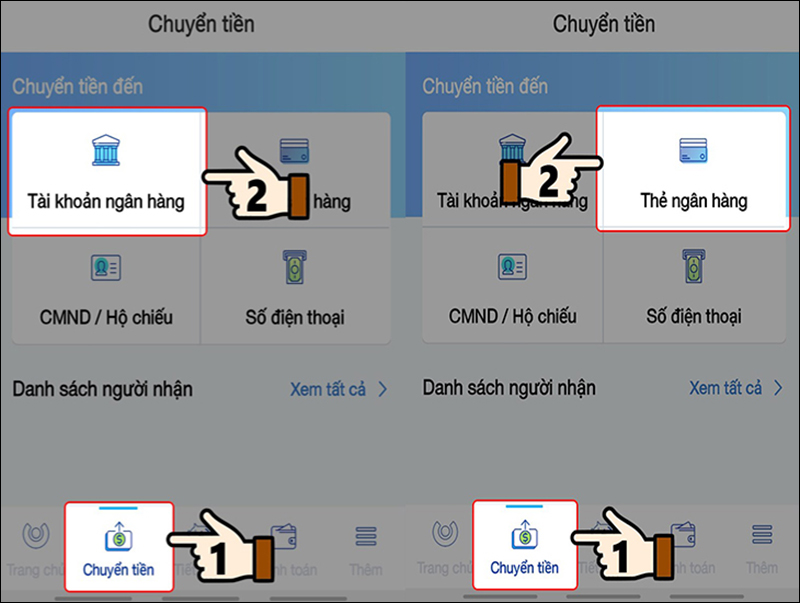 Bước 2: Trên màn hình giao diện, lựa chọn mục Chuyển tiền đến tài khoản hoặc số thẻ.