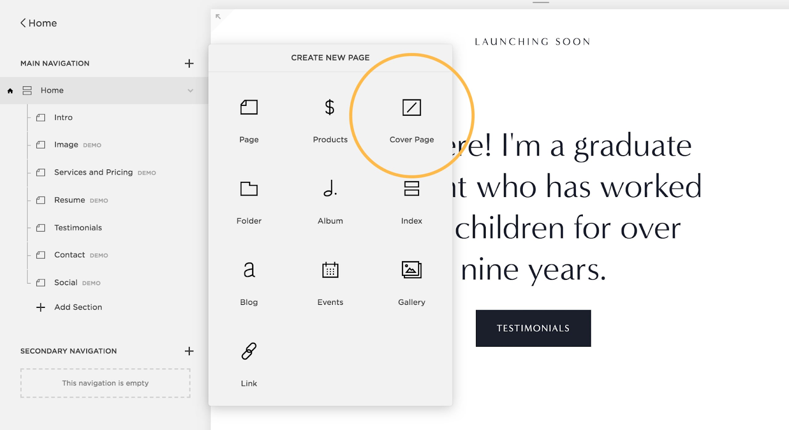 Example of Squarespace's web builder