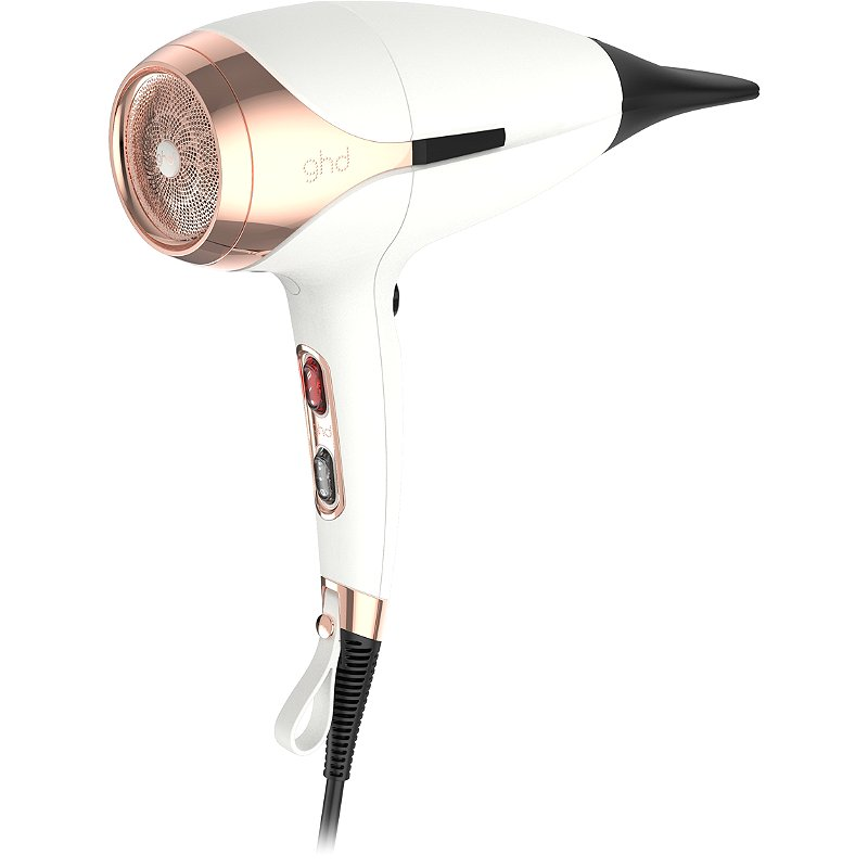 a white hairdryer with rose gold accents