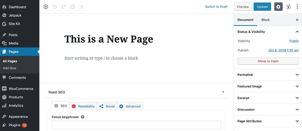 WordPress Adicionar nova página