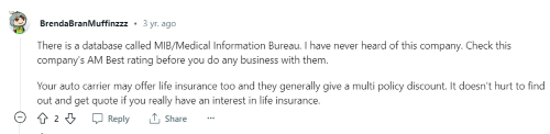 A person responds to a Fabric life insurance review by sharing where most insurance companies pull health information from. 