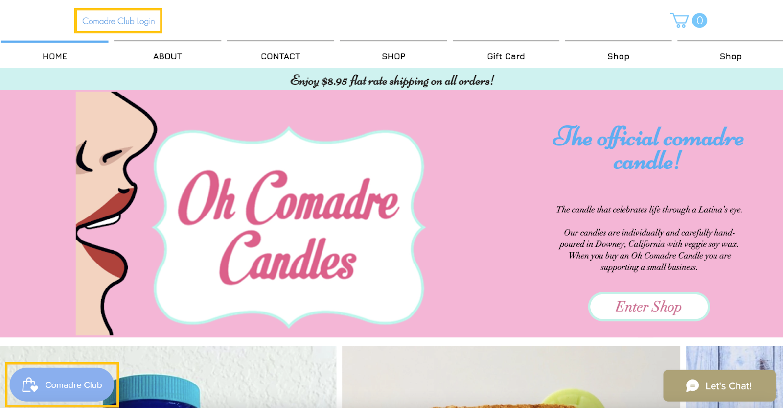  Rewards program for BFCM–A screenshot of Oh Comadre Candles’ homepage showing their loyalty program launcher and “Comadre Club Login” call to action.