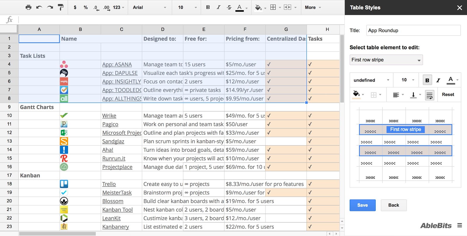 Estilos de tabla de Google Sheets