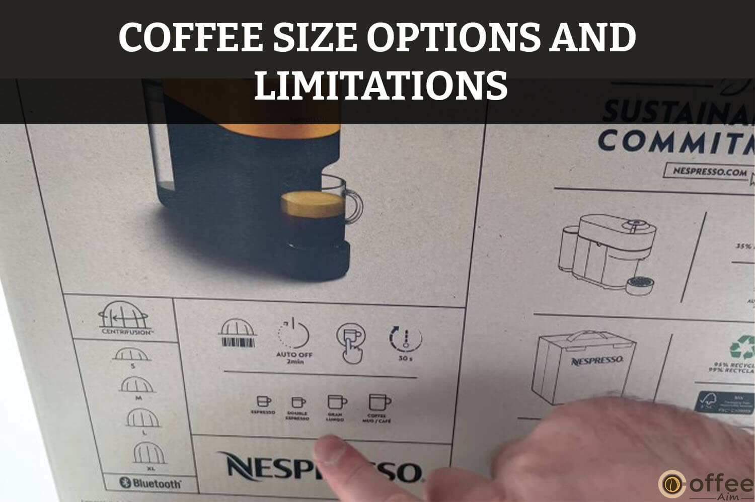 This image displays the "Coffee Size Options and Limitations" discussed in the article "Unboxing Nespresso Vertuo Pop+."