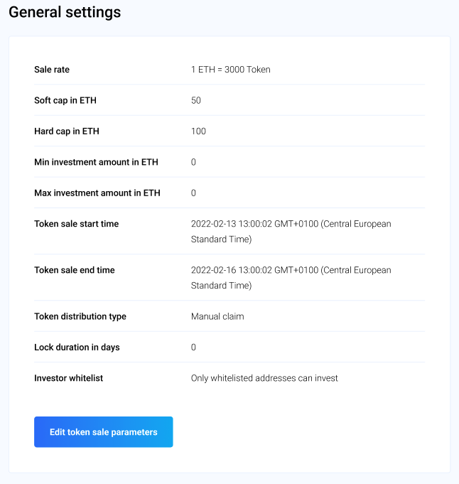 View of the Token Sale Paramaters edit