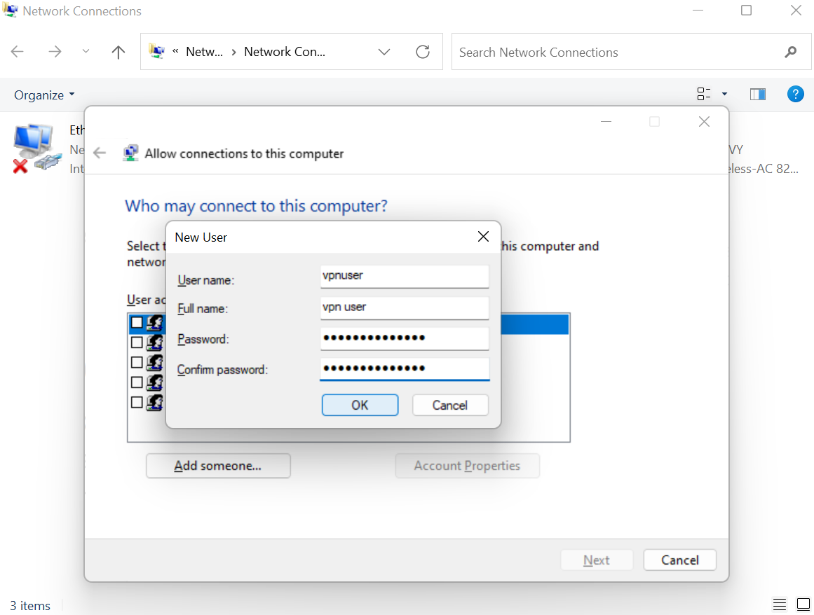 A screenshot of the Windows interface showing a user entering a username, full name, and password.