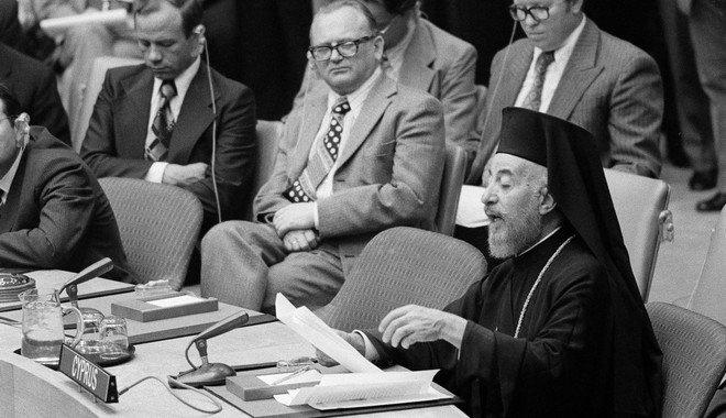 Ousted President of Cyprus, Archbishop Makarios, reading a statement at the United Nations in New York City, July 19, 1974. Makarios is appealing for 