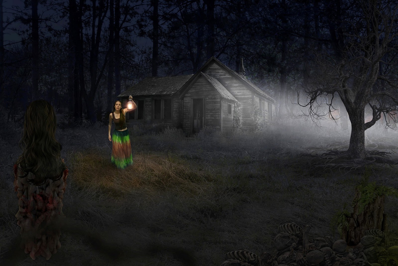 A girl ghost hunting in the woods close to a house rumored to be haunted