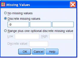 Screenshot of SPSS software, showing Missing Values pop-up menu. Selected option is Discrete missing values and is showing -9.