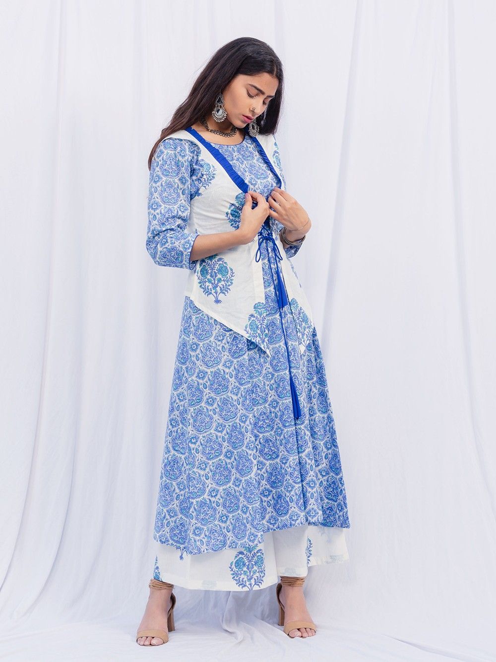 the loom - White Blue Hand Block Printed Cotton A-Line Kurta