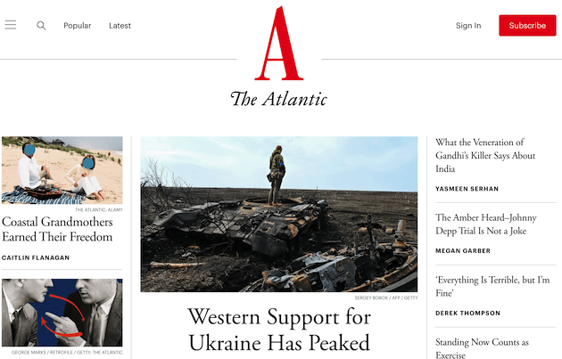 The Atlantic homepage which employs the use of Times New Roman bold, Halvetica Neue, and Arial fonts as well as a custom font in the logo