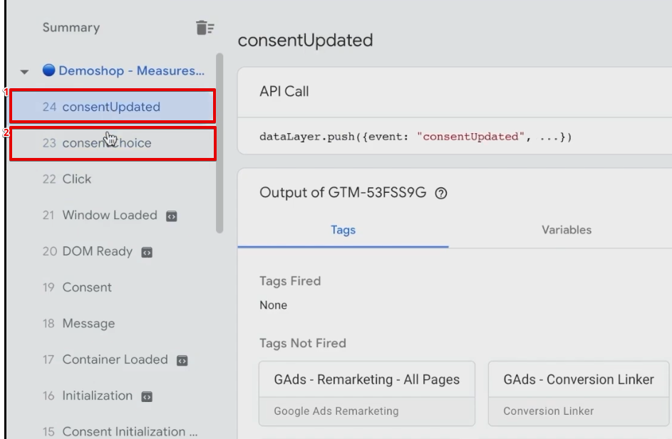 Analyzing the consent state cookies from the GTM preview window 