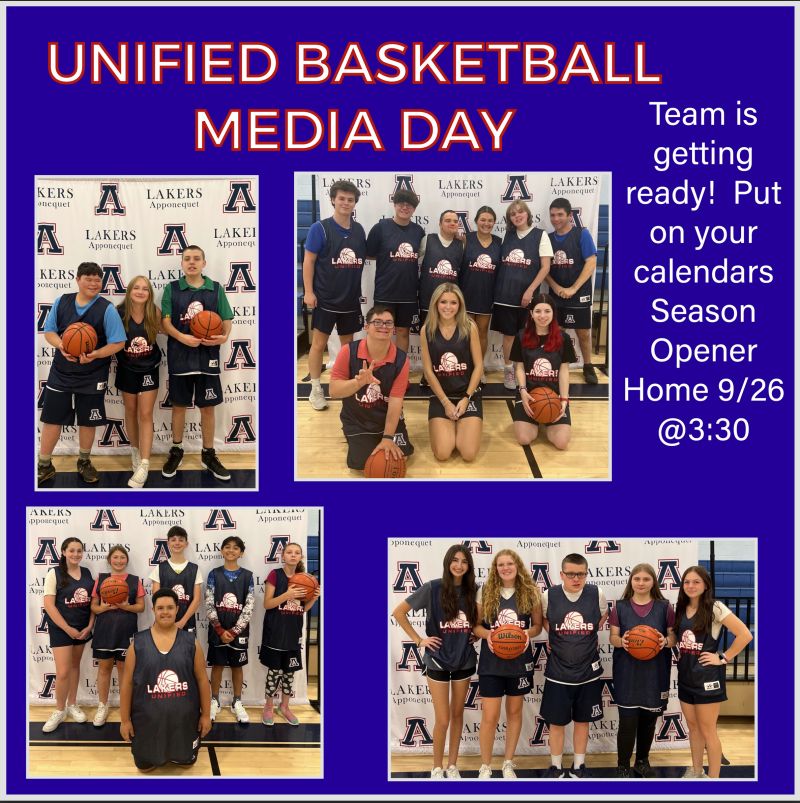 images of the unified basketball teams with text of Unified Basketball Media Day, Team is getting ready! Put on your calendars Season Opener Home 9/26 @ 3:30