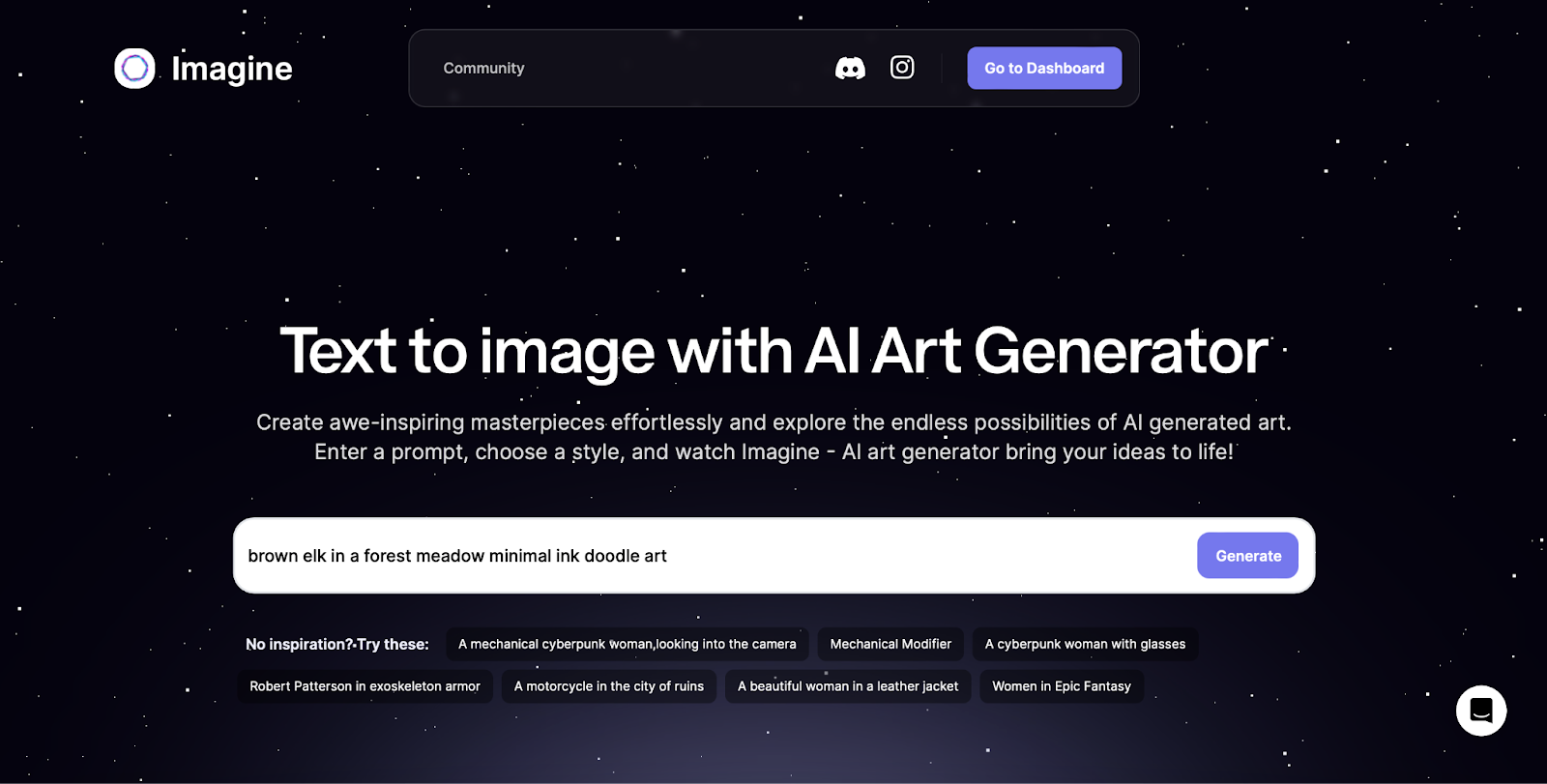 The homepage of Imagine.ai that has the text-to-image art generator. 