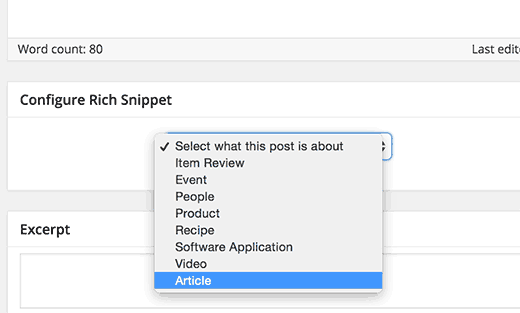 Escolha um tipo de conteúdo para adicionar rich snippets a uma postagem do WordPress