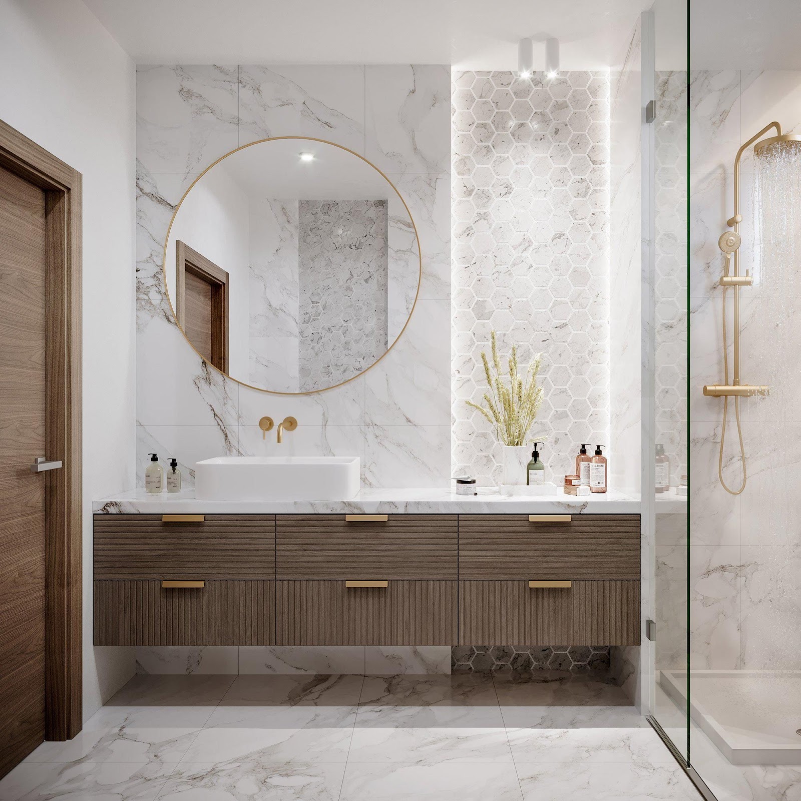 modern feel and neutral-toned style with white color tiles in bathroom