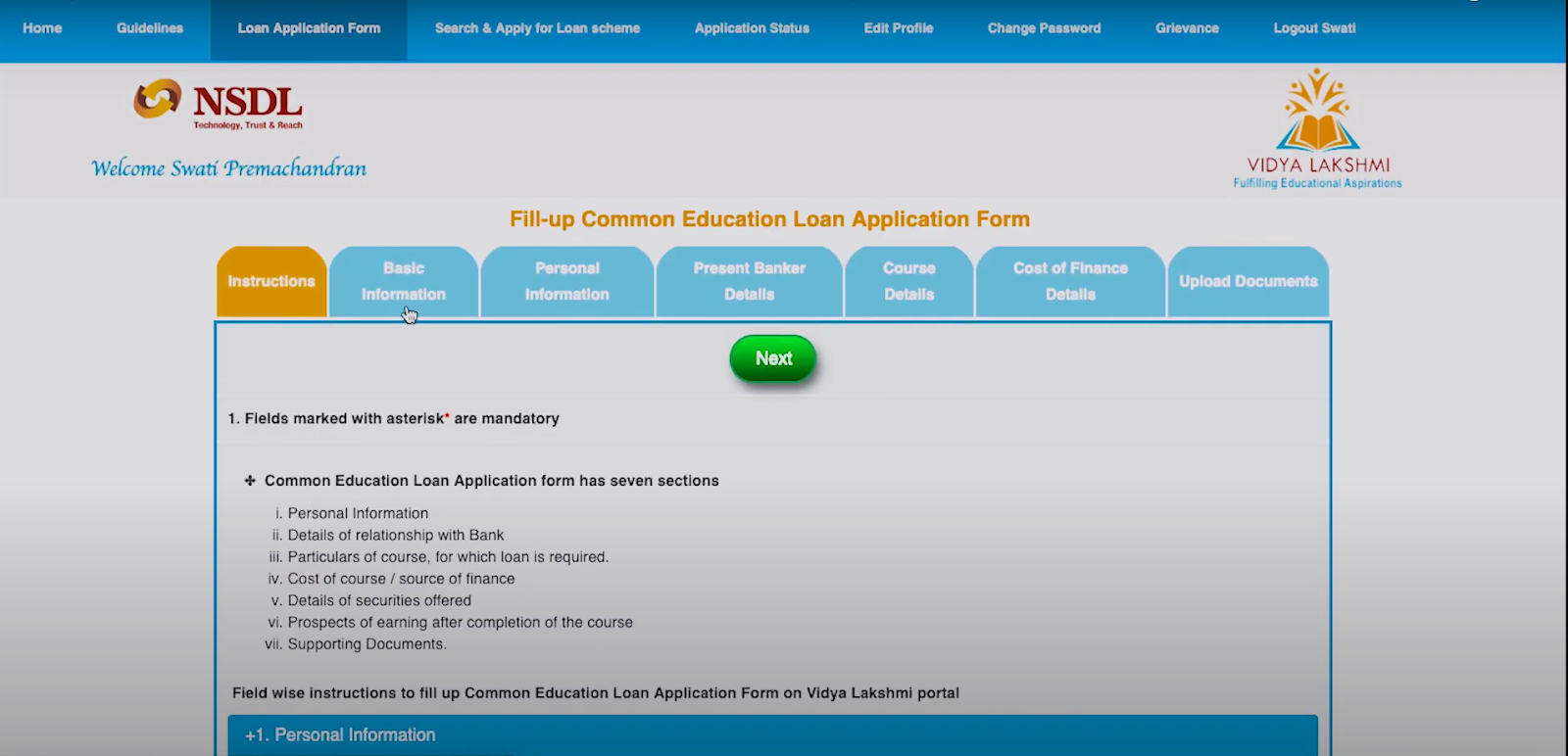 Filling The Application Form - Vidya Lakshmi Portal 
