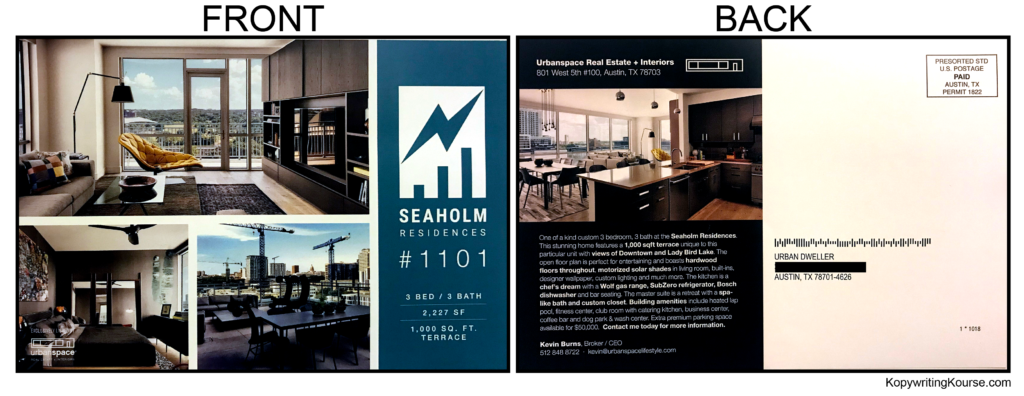 specific condo unit suggestion in real estate postcard