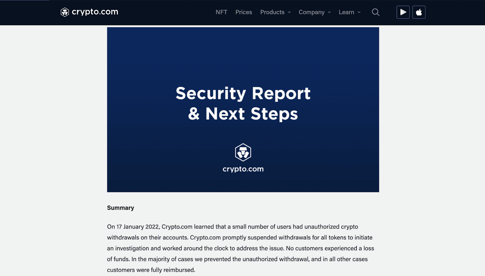 crypto.com website with the customer advisory following the cyberattack