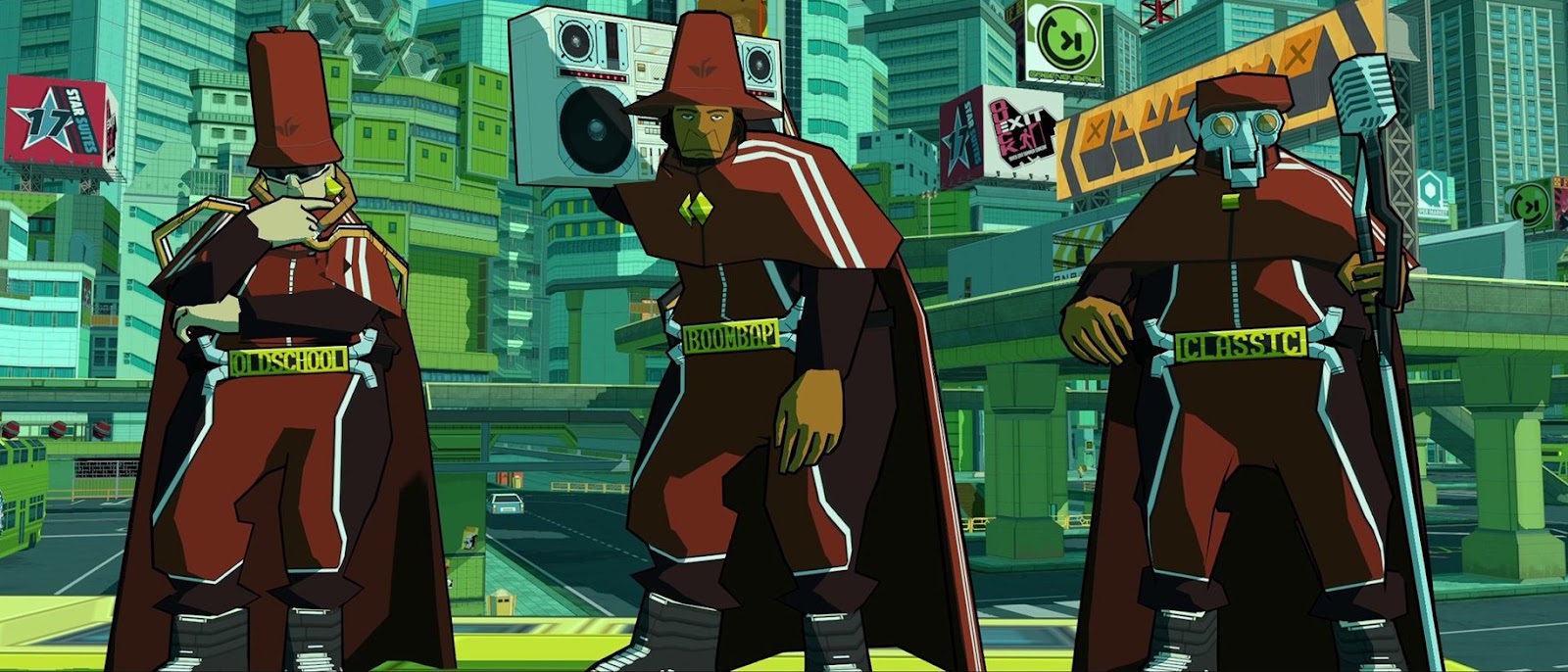The Oldheads, a crew in Bomb Rush Cyberfunk, wearing maroon capes and wielding various musical items like a microphone and boombox in a green city.