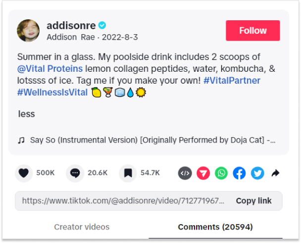 Addisonre on Tiktok shared the recipe of her favorite summer drink brand Vital Proteins. 